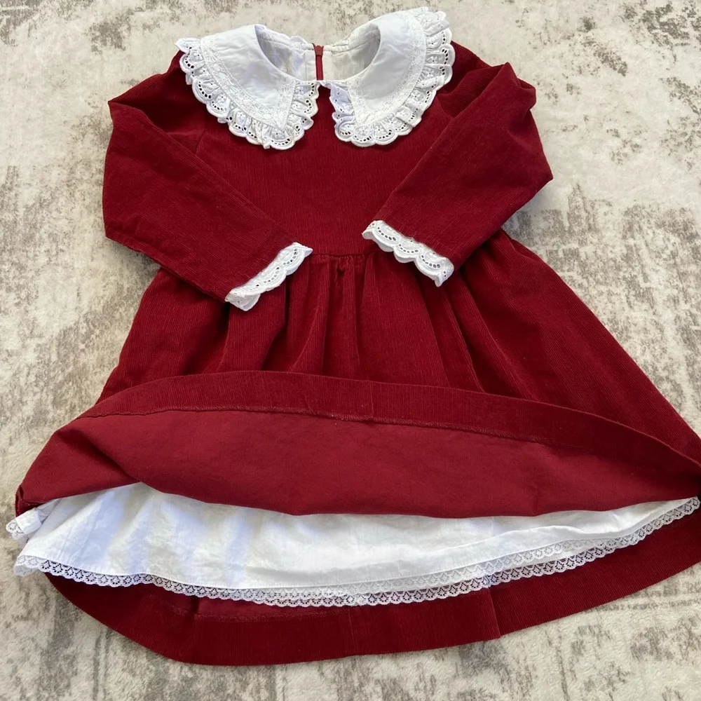 La Coqueta 6Y Girl’s Red Corduroy Dress with White Lace Collar - Picture 11 of 13